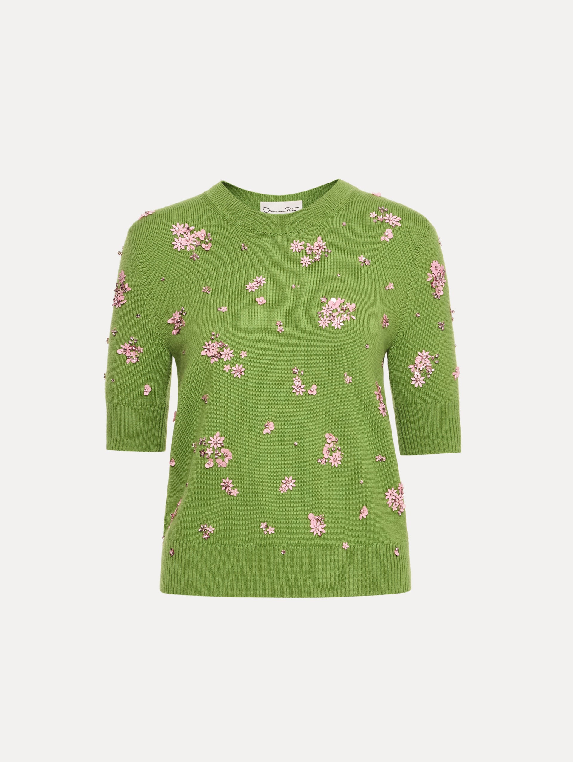Green Crystal Cluster Embroidered Pullover with elbow length sleeves and pink crystal applique.