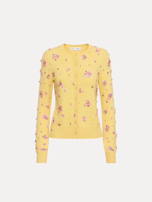 Yellow Crystal Cluster Embroidered Cardigan with pink crystal applique. 