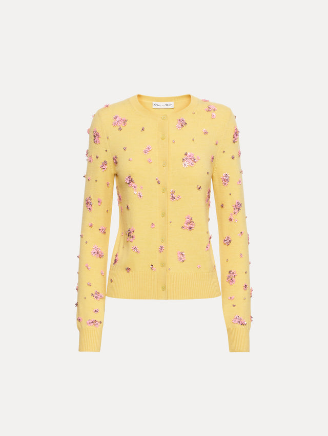 Yellow Crystal Cluster Embroidered Cardigan with pink crystal applique. 