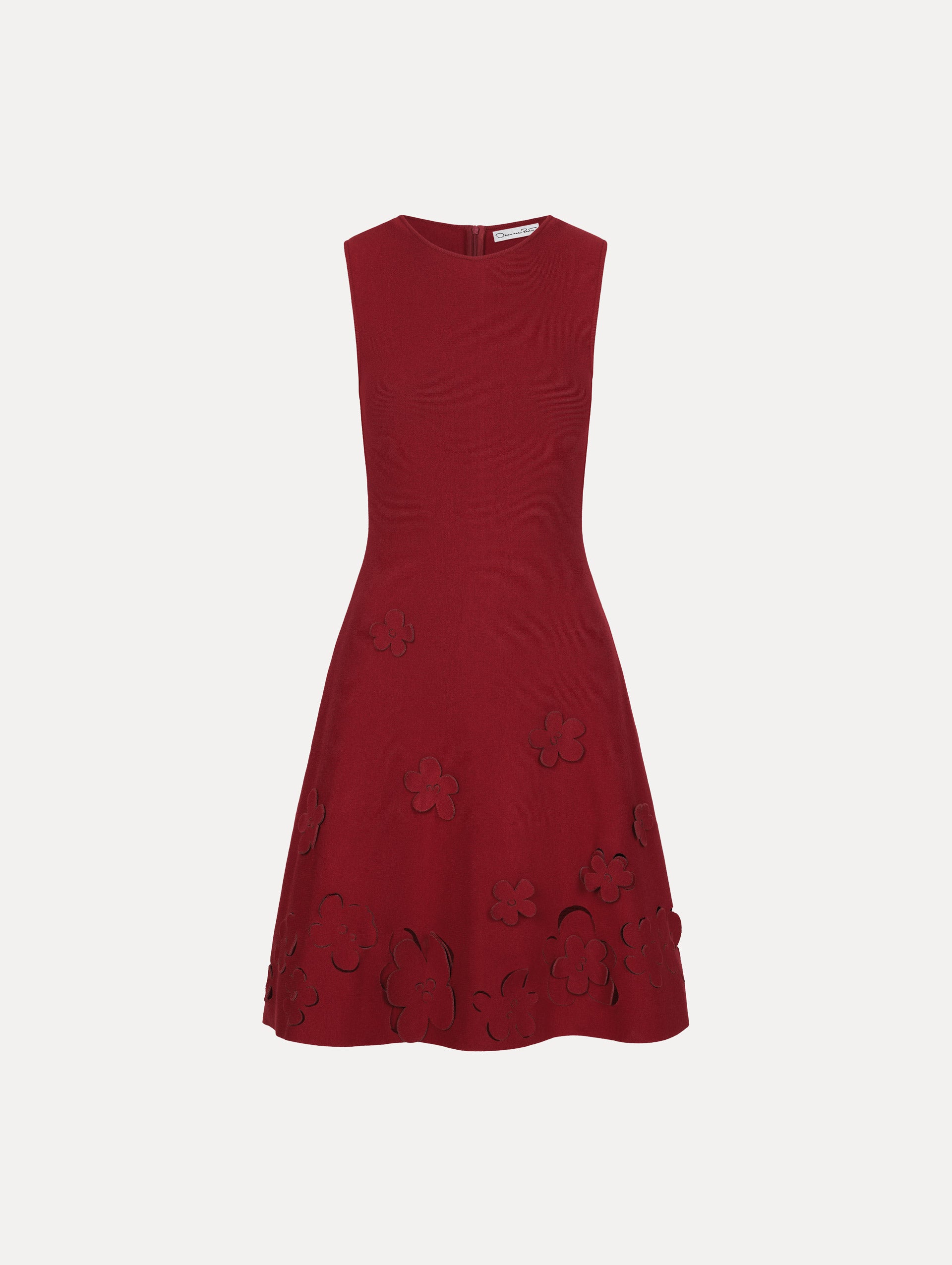 Deep red Laser-Cut Floral Knit Dress featuring a round neckline and floral cutout detailing along the hem. Front View.