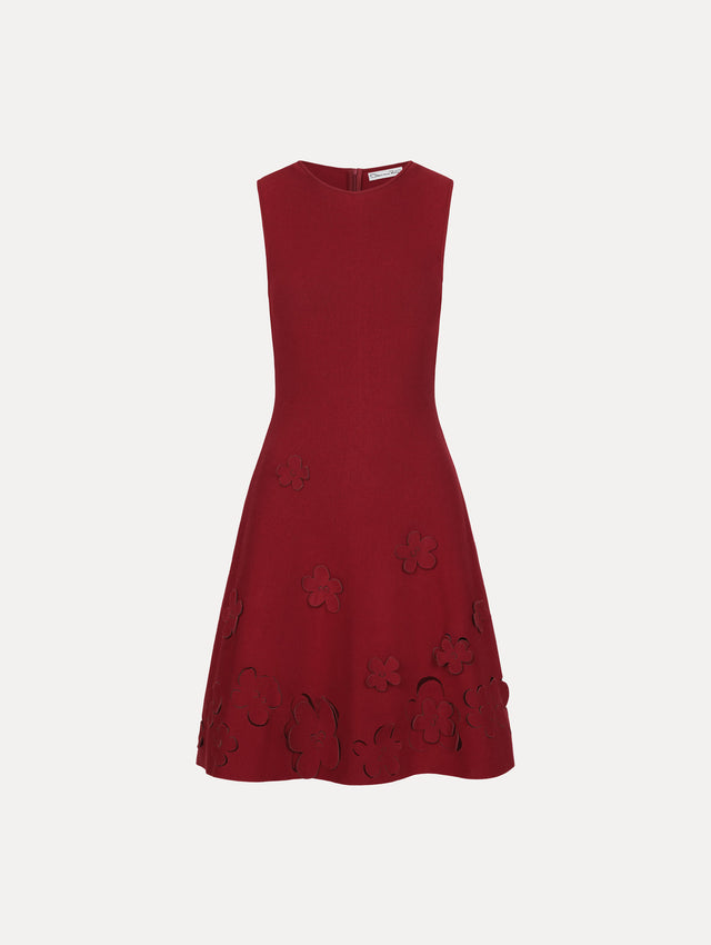 Deep red Laser-Cut Floral Knit Dress featuring a round neckline and floral cutout detailing along the hem. Front View.