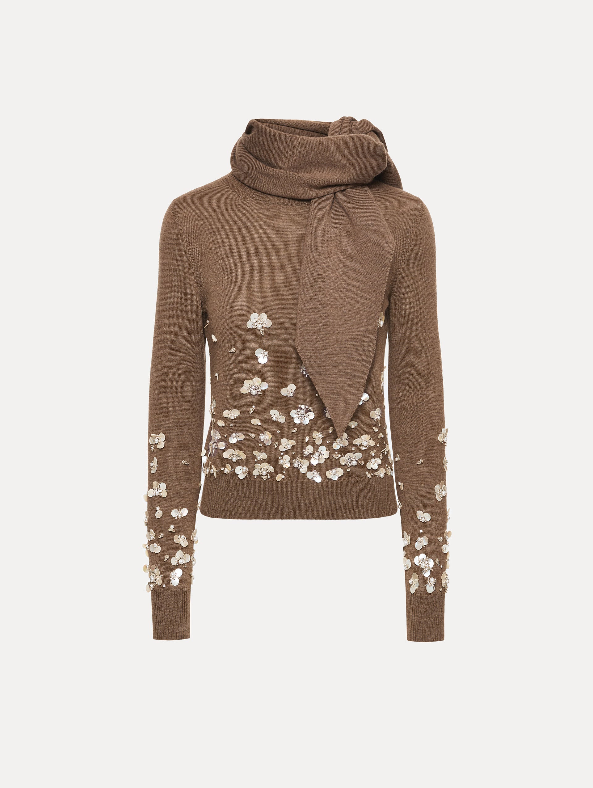 Brown Mother of Pearl Embroidered Pullover with Scarf featuring an attached draped scarf neckline and sequin floral embroidery along the hem and sleeves.