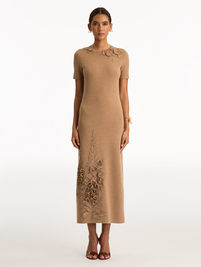 Light Brown Foxglove Embroidered Knit Dress featuring short sleeves, a fitted silhouette, and tonal floral embroidery at the shoulder and hem. Front View.