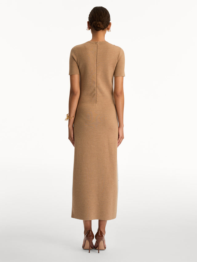 Light Brown Foxglove Embroidered Knit Dress featuring short sleeves, a fitted silhouette, and tonal floral embroidery at the shoulder and hem. Back View.