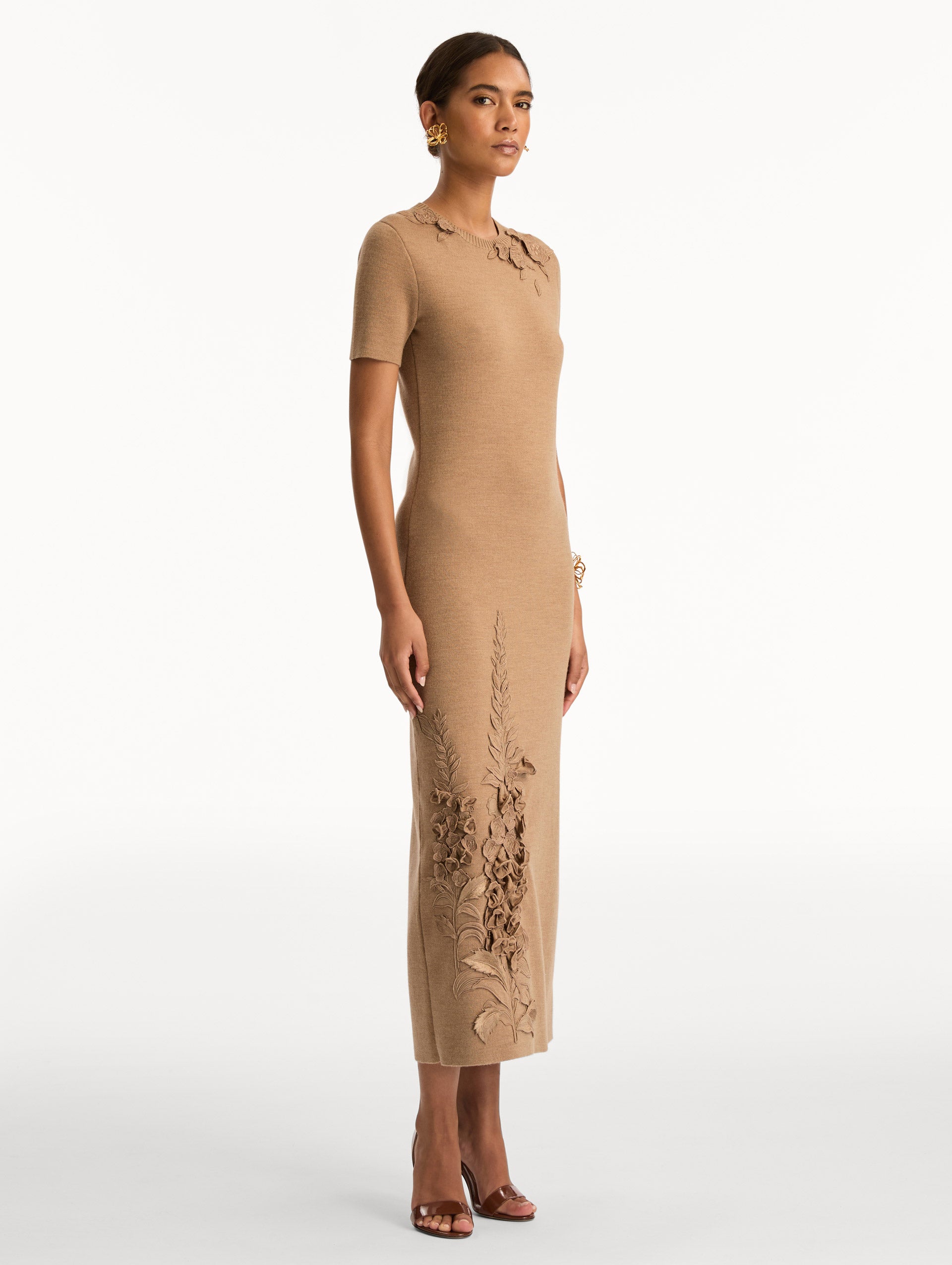 Light Brown Foxglove Embroidered Knit Dress featuring short sleeves, a fitted silhouette, and tonal floral embroidery at the shoulder and hem. Side View.
