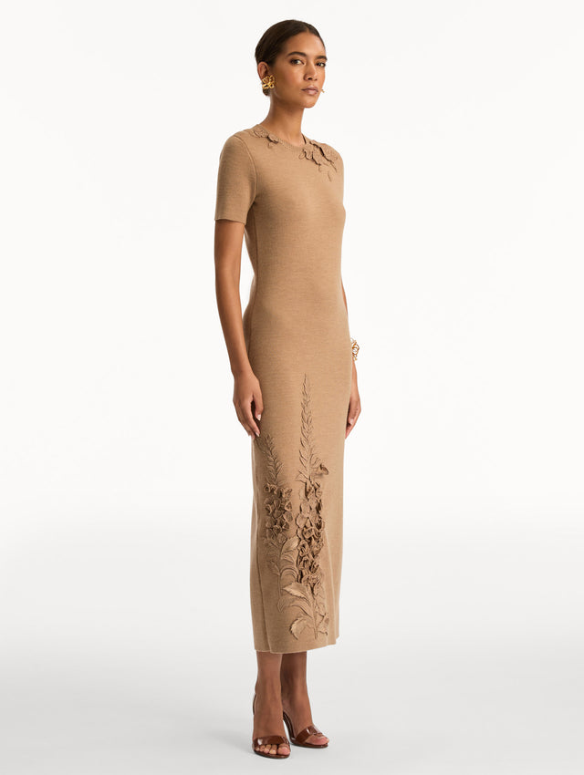 Light Brown Foxglove Embroidered Knit Dress featuring short sleeves, a fitted silhouette, and tonal floral embroidery at the shoulder and hem. Side View.