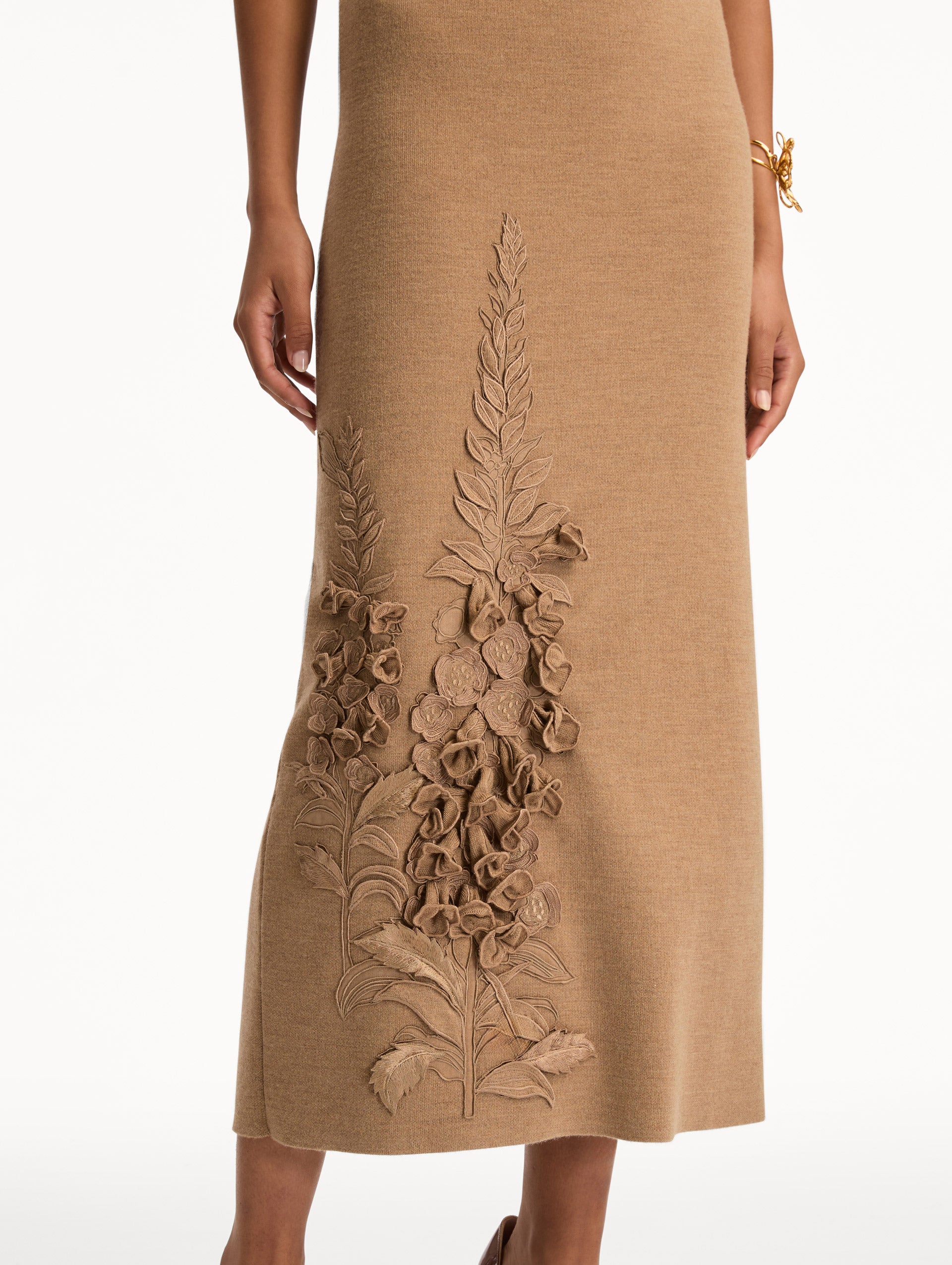 Light Brown Foxglove Embroidered Knit Dress featuring short sleeves, a fitted silhouette, and tonal floral embroidery at the shoulder and hem. Zoom View.