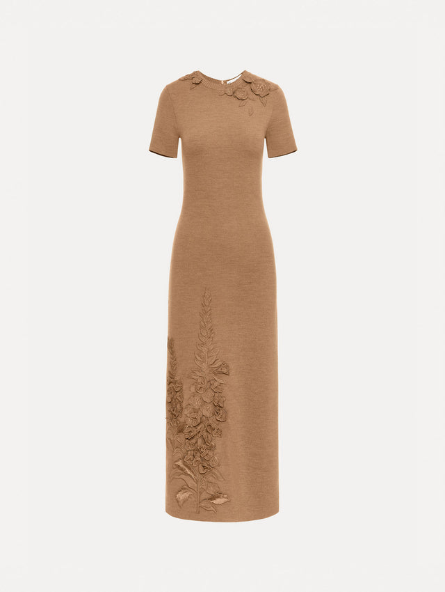 Light Brown Foxglove Embroidered Knit Dress featuring short sleeves, a fitted silhouette, and tonal floral embroidery at the shoulder and hem.