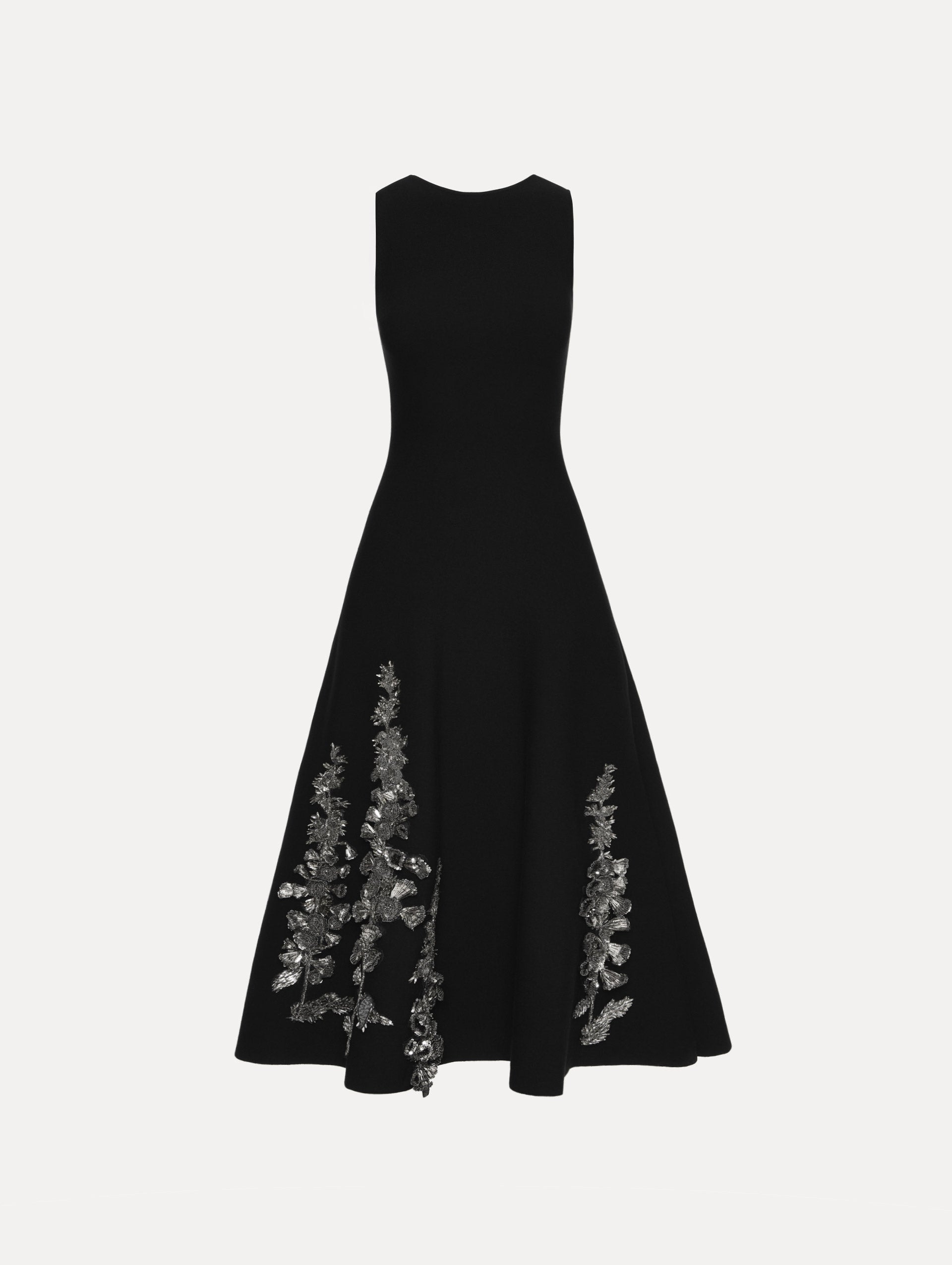Black Foxglove Sequin Embroidered Knit Dress featuring a round neckline and silver floral embroidery along the skirt.