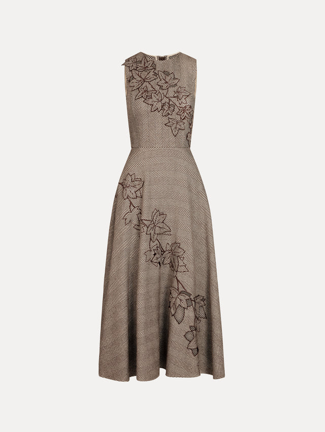 Brown and White Ivy Threadwork Cutout Dress with sleeveless silhouette and cutout floral applique. Front View.