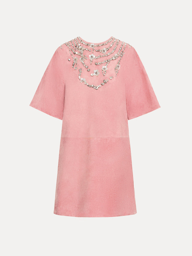 Pink Crystal Necklace Embroidered Suede Dress with short sleeves and embroidered crystal neckline.