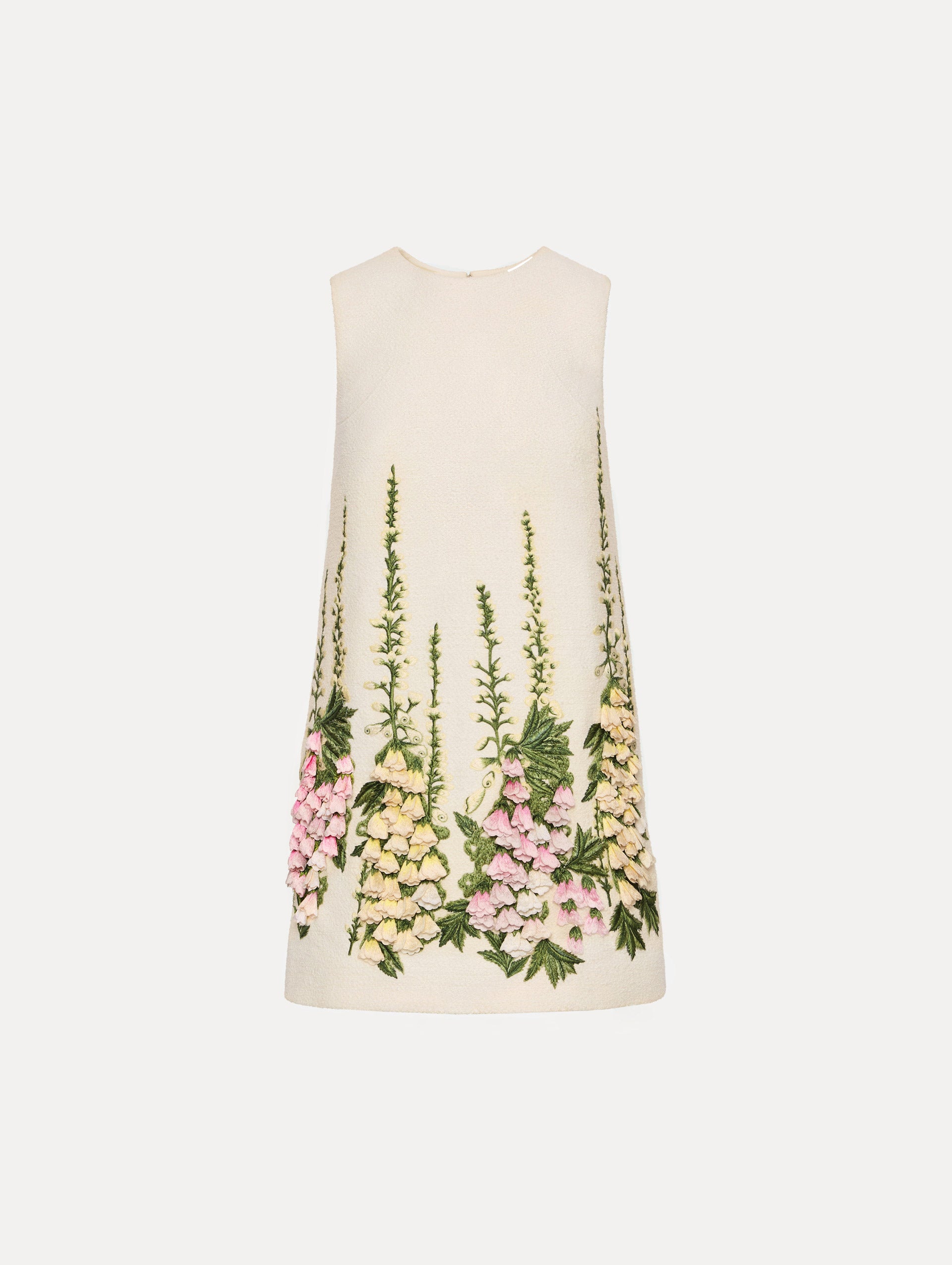 Ivory Foxglove Embroidered Tweed Shift Dress with pink and yellow floral embroidery.