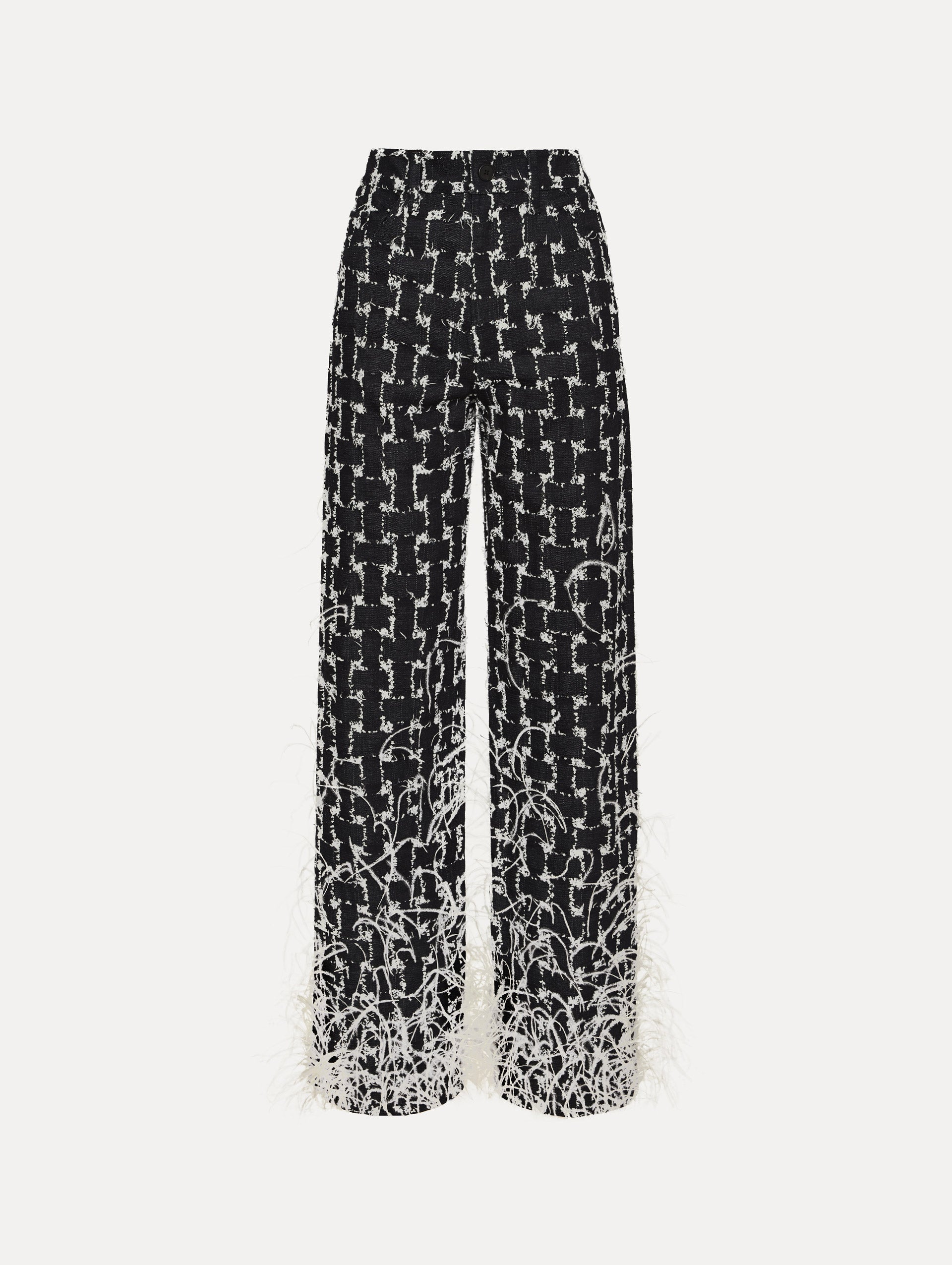Black and White Woven Denim Jacquard Pant with feather detailing.