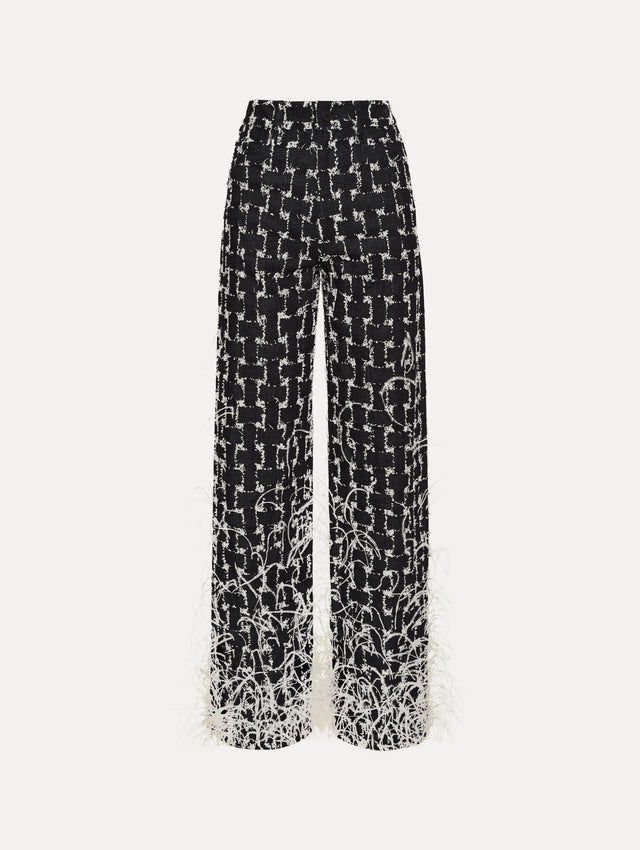 Black and White Woven Denim Jacquard Pant with feather detailing.