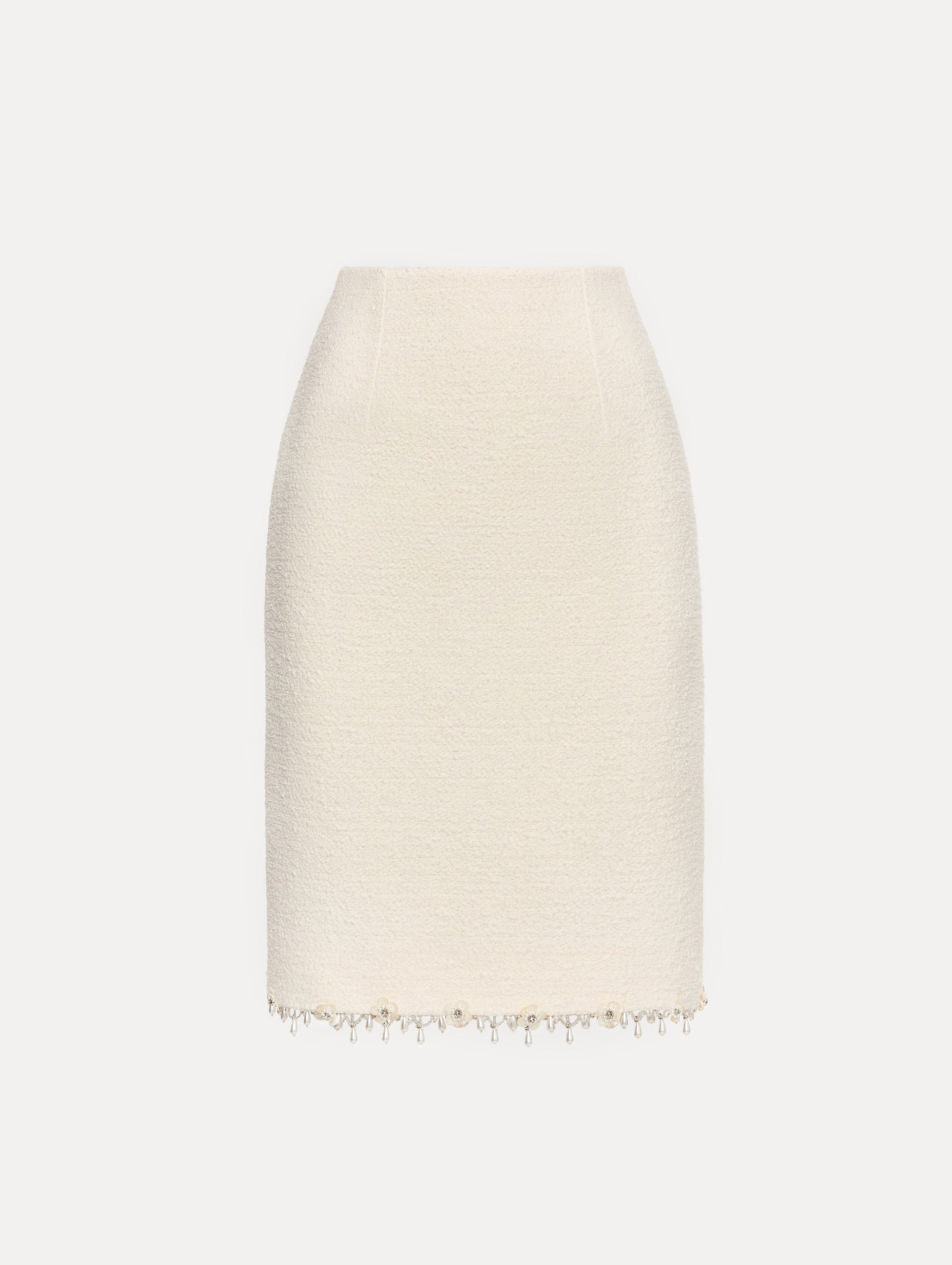 White Floral Jeweled Fringe Tweed Skirt featuring a fitted silhouette with jeweled applique along hem.