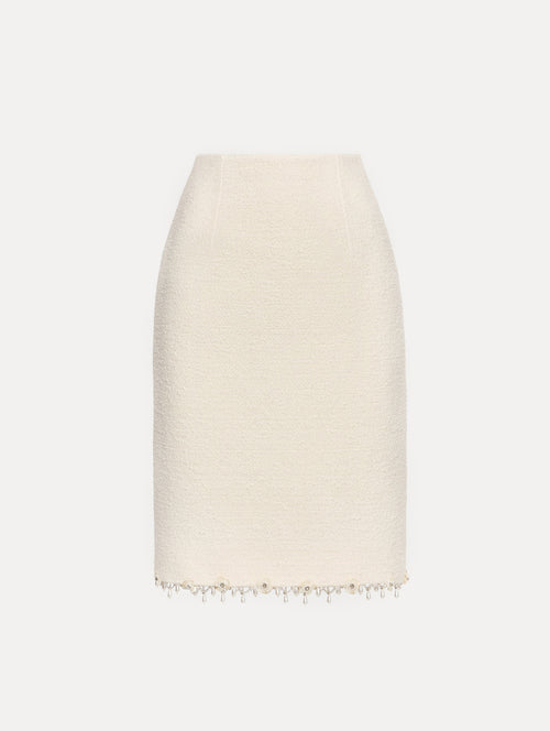 White Floral Jeweled Fringe Tweed Skirt featuring a fitted silhouette with jeweled applique along hem.