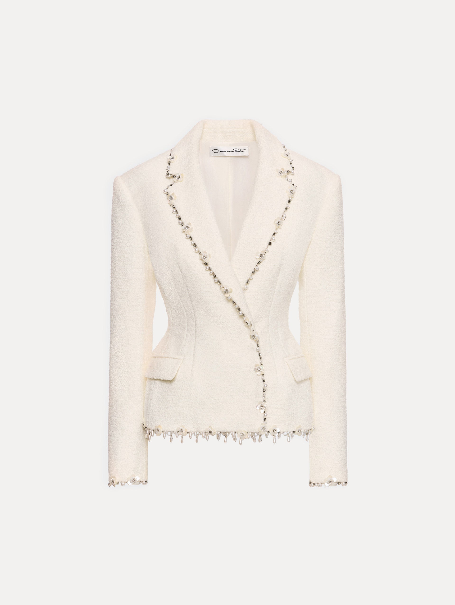 White Floral Jeweled Fringe Tweed Jacket featuring a fitted silhouette with jeweled applique along hems. 