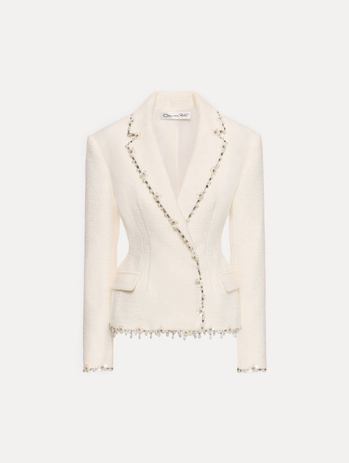White Floral Jeweled Fringe Tweed Jacket featuring a fitted silhouette with jeweled applique along hems. 