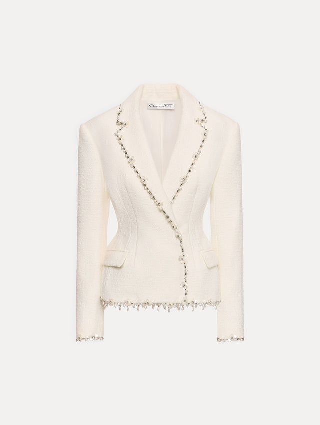 White Floral Jeweled Fringe Tweed Jacket featuring a fitted silhouette with jeweled applique along hems. 