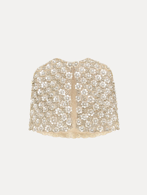 Mother of Pearl Embroidered Capelet embellished with crystal floral appliqué.