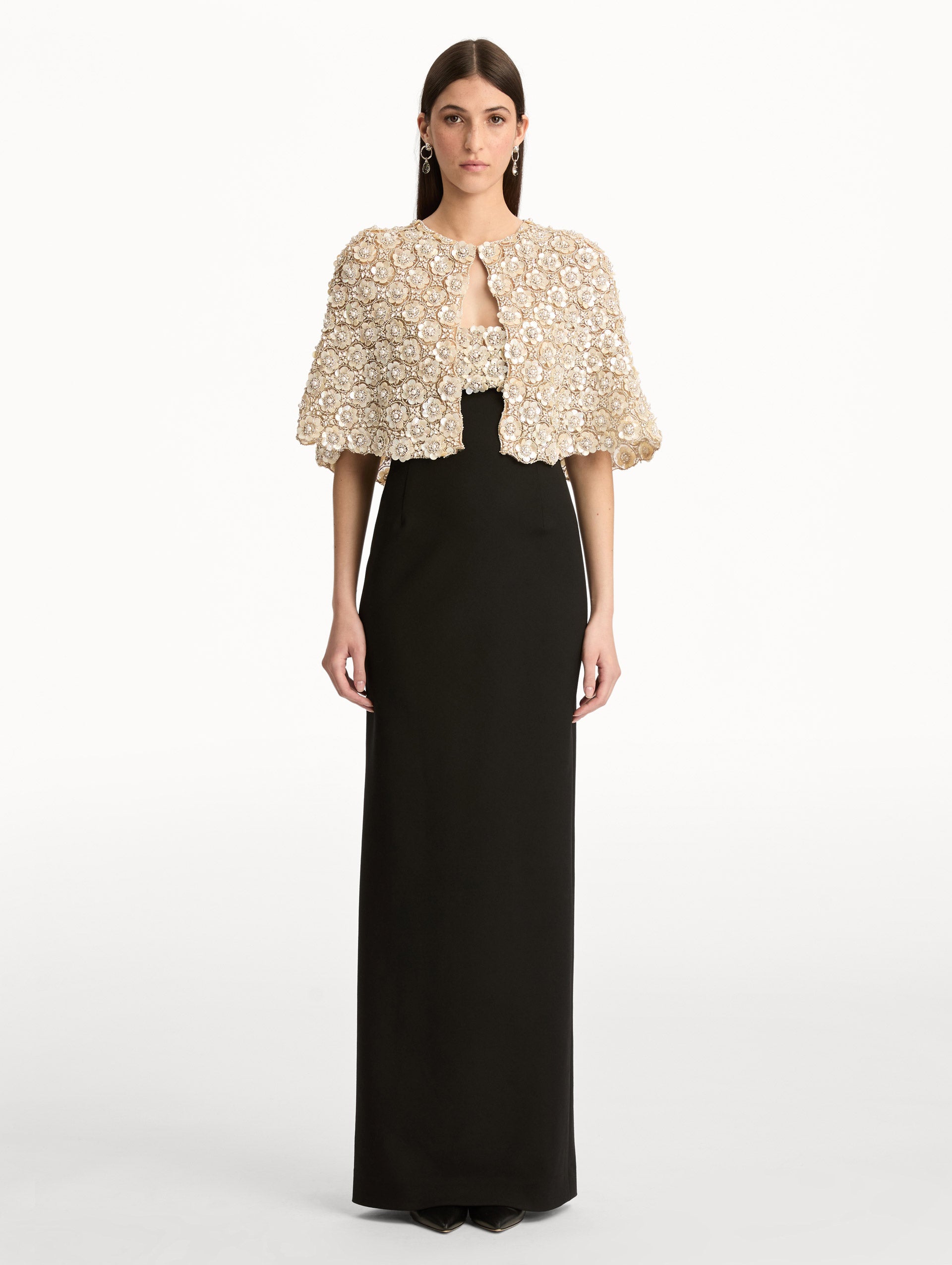 Mother of Pearl Embroidered Capelet embellished with crystal floral appliqué. Front View.