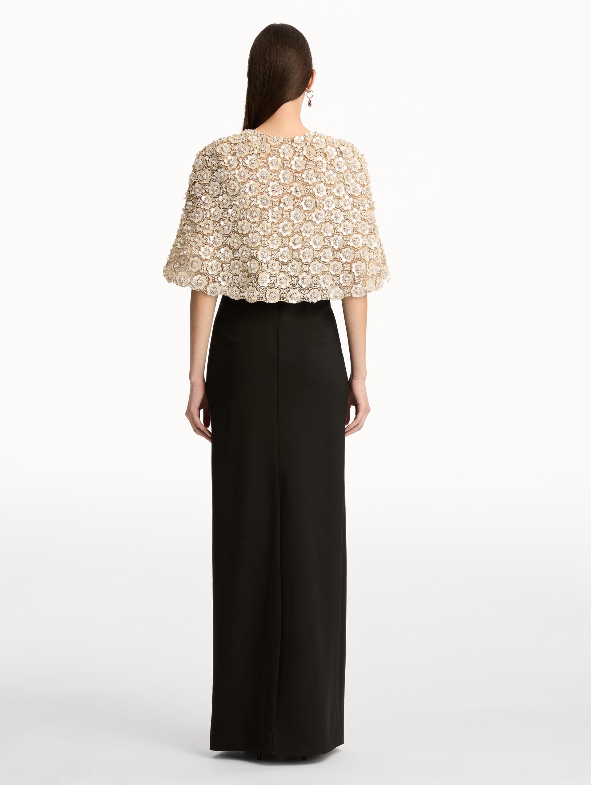 Mother of Pearl Embroidered Capelet embellished with crystal floral appliqué. Back View.