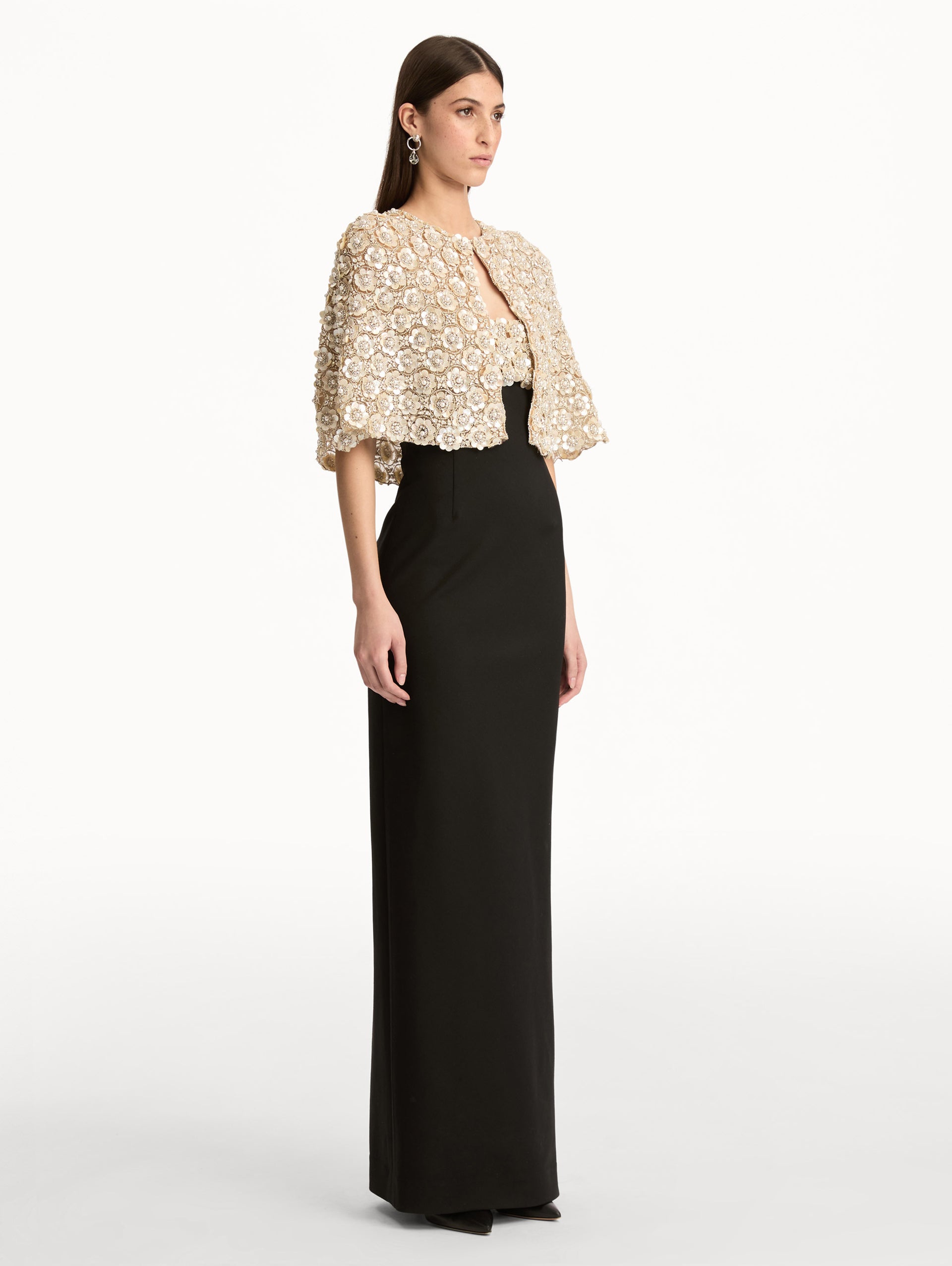 Mother of Pearl Embroidered Capelet embellished with crystal floral appliqué. Side View.