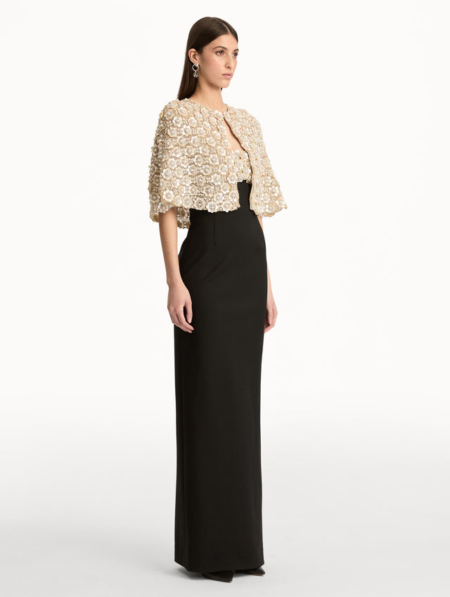 Mother of Pearl Embroidered Capelet embellished with crystal floral appliqué. Side View.