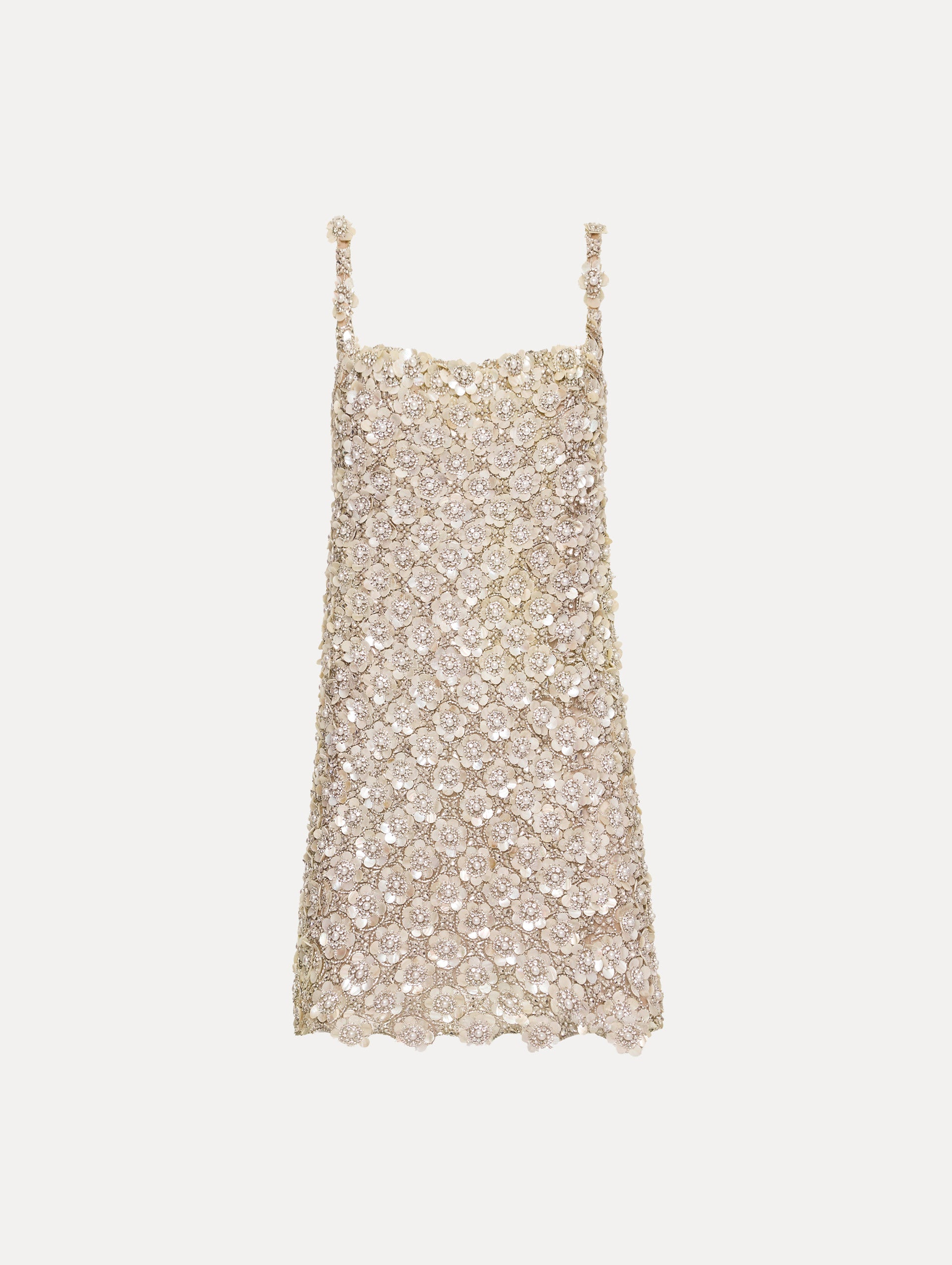 Beige Mother of Pearl Embroidered Shift Dress with floral applique and thin straps. Front View.