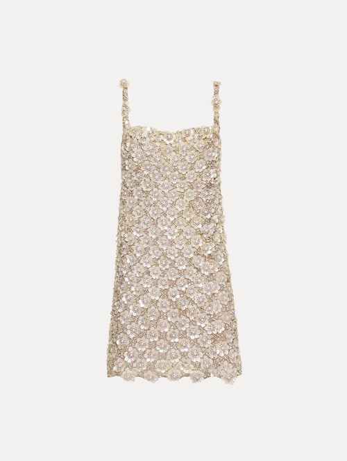 Beige Mother of Pearl Embroidered Shift Dress with floral applique and thin straps. Front View.