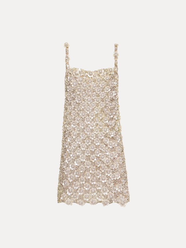 Beige Mother of Pearl Embroidered Shift Dress with floral applique and thin straps. Front View.