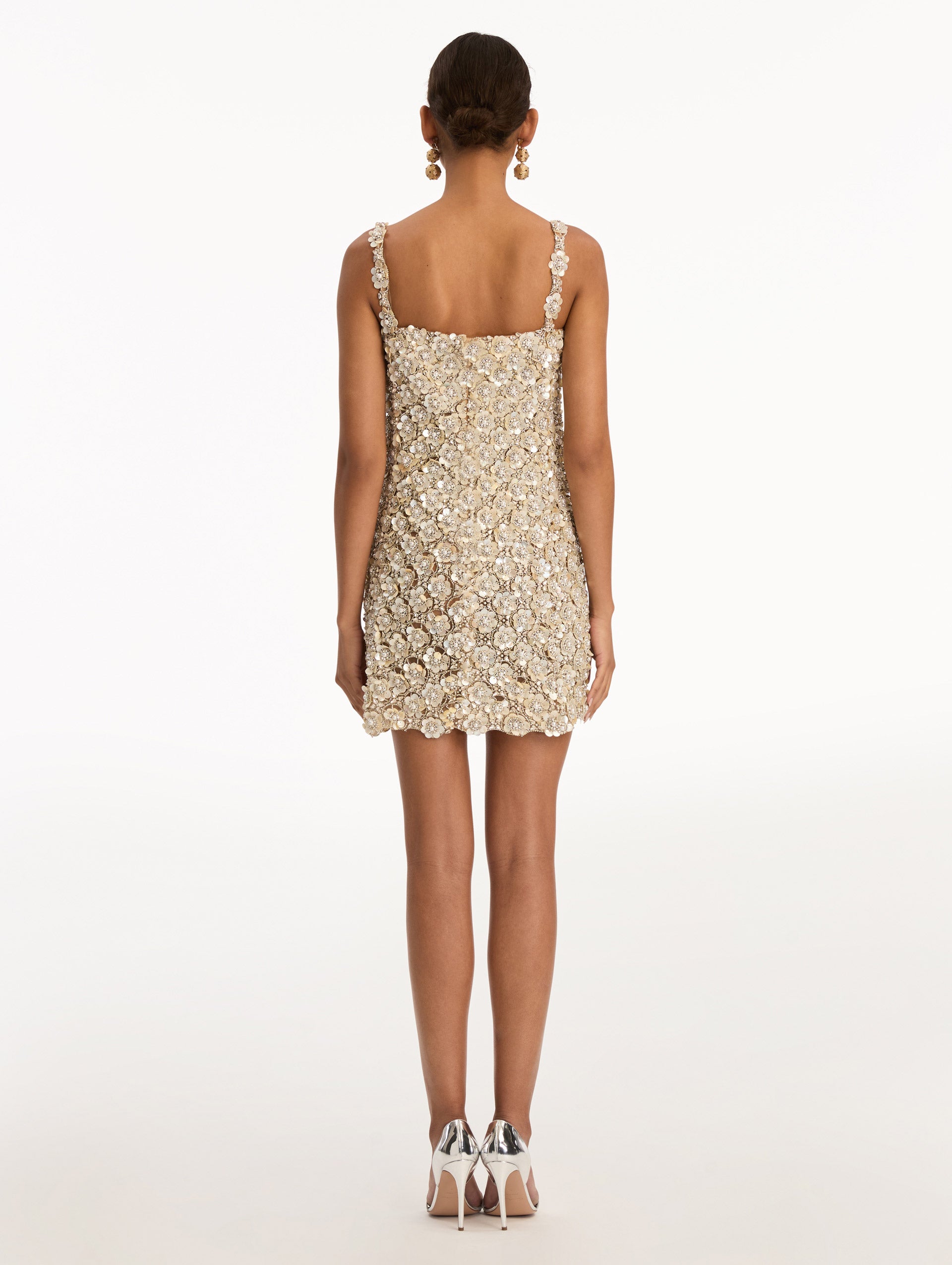 Beige Mother of Pearl Embroidered Shift Dress with floral applique and thin straps. Back View.