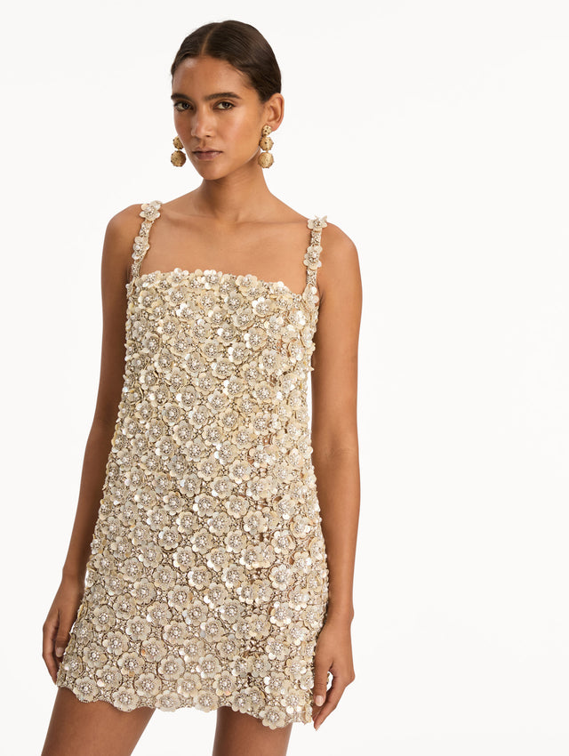 Beige Mother of Pearl Embroidered Shift Dress with floral applique and thin straps. Zoom View.