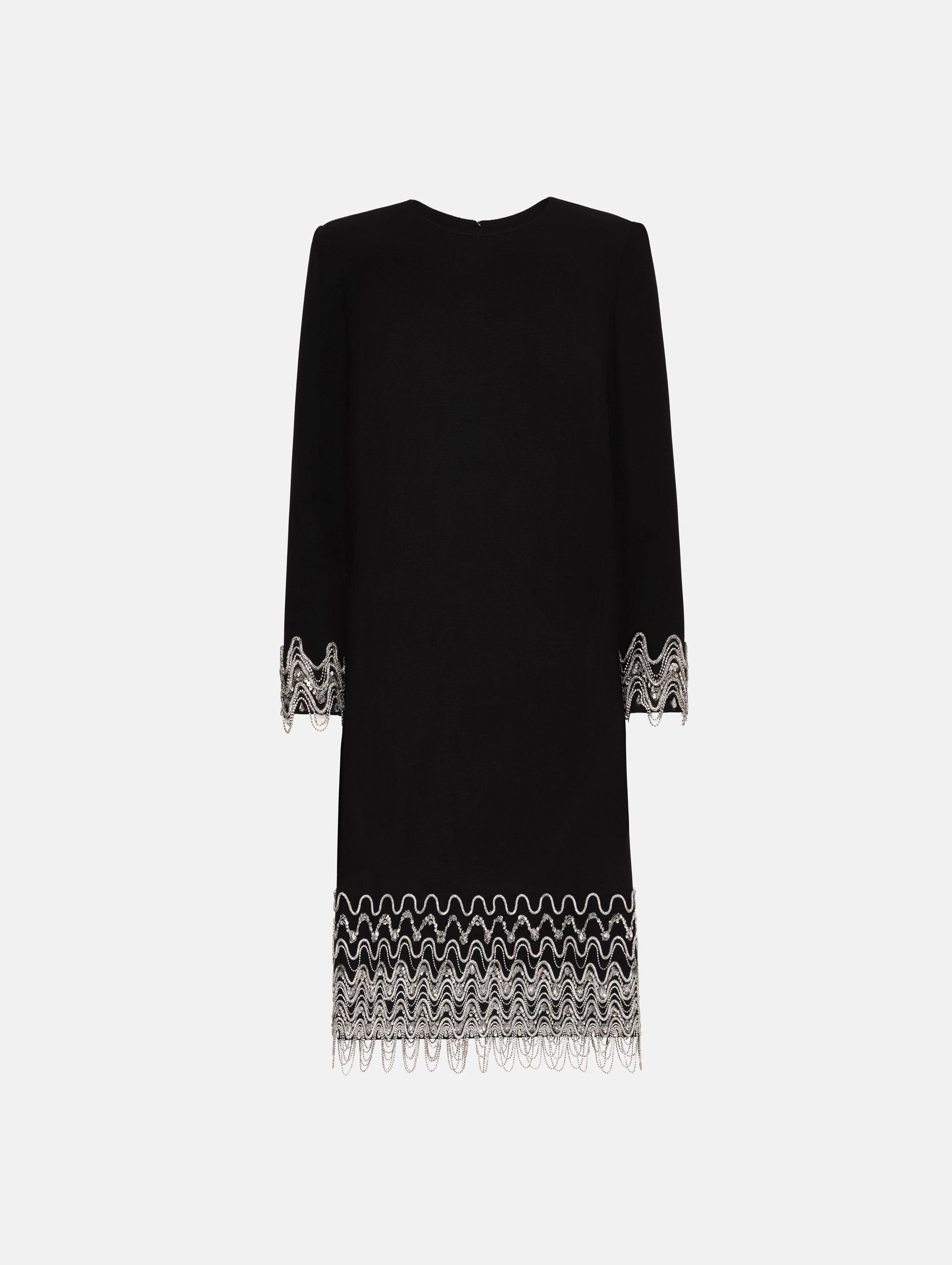 Black Crystal Wave Embroidered Shift Dress with long sleeves and beaded embellishments along the hemline and sleeve cuffs. Front View.