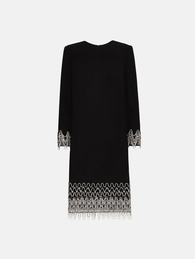 Black Crystal Wave Embroidered Shift Dress with long sleeves and beaded embellishments along the hemline and sleeve cuffs. Front View.