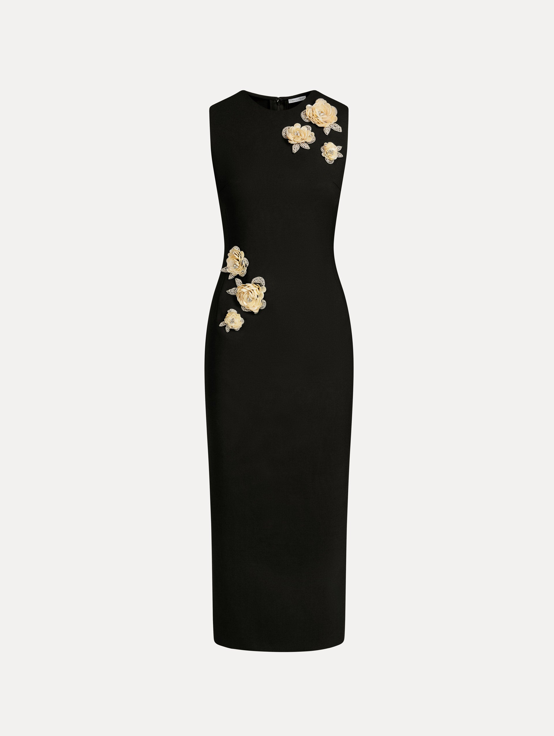 Brooch Embroidered Cocktail Sleeveless Dress in Black. Front View. 