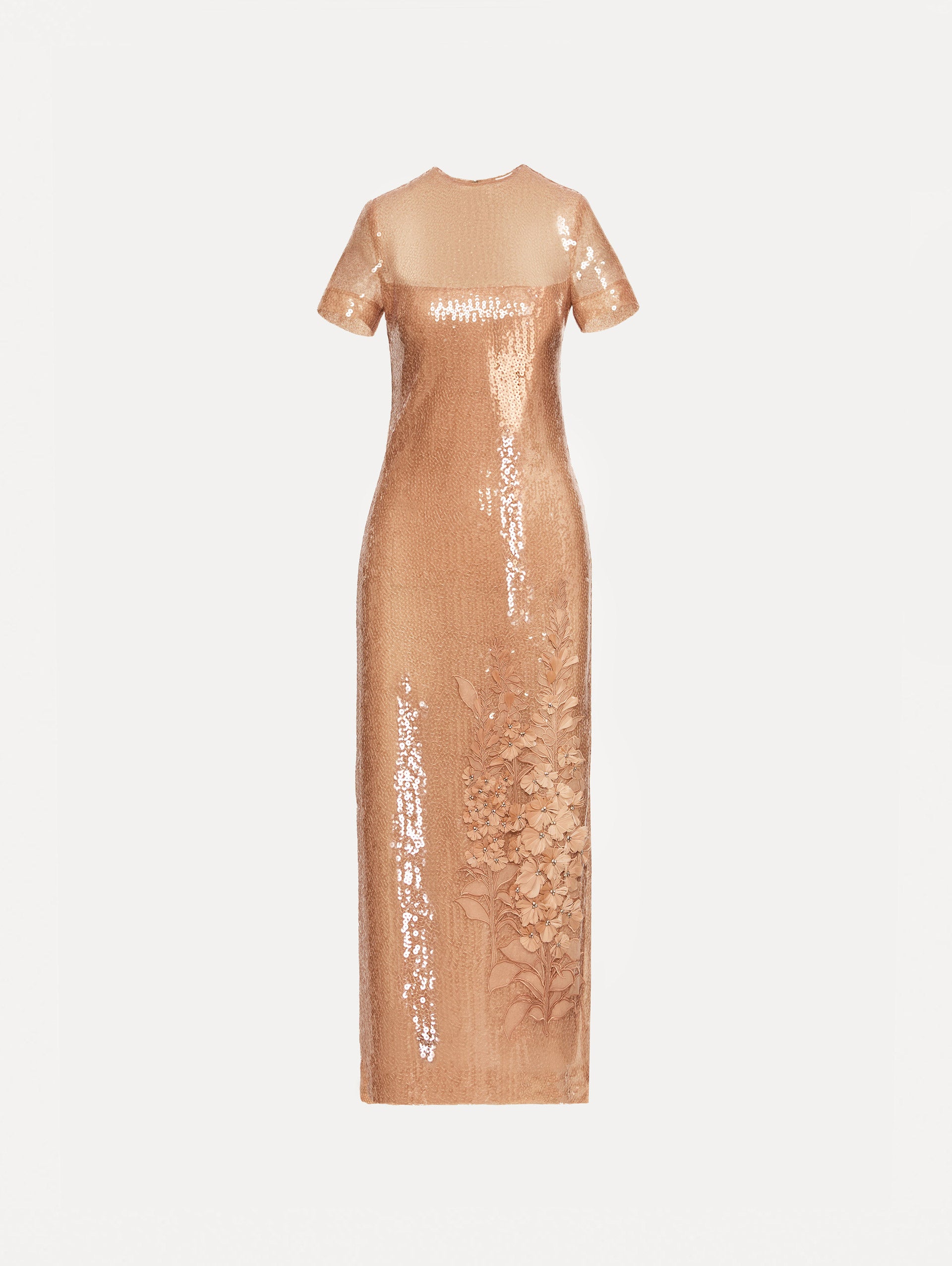 Rose Gold Foxglove Embroidered Sequin Tulle Dress with short sleeves and tonal floral appliqué detail near the hem.