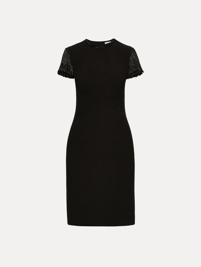 Black Bugle Bead Embroidered Cocktail Dress with beaded sleeves and a slim silhouette.