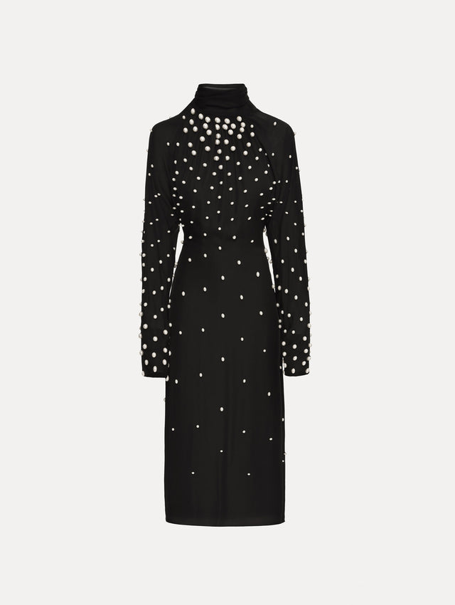 Black Pearl Cluster Georgette Dress with high neck and long sleeves. Front View.