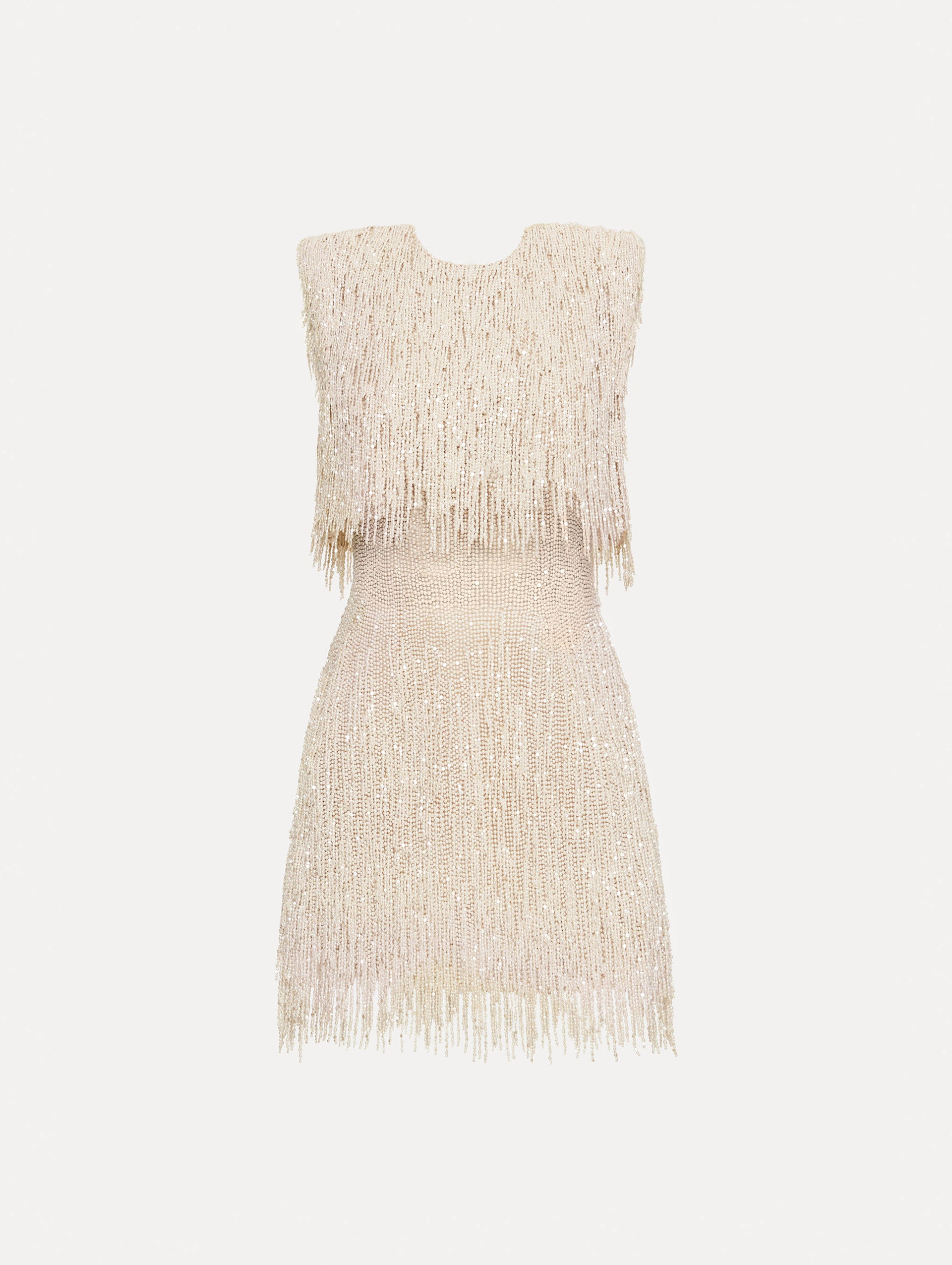 Ivory Pearl Fringe Cocktail Dress featuring a fitted silhouette with cascading beaded fringe embellishments. Front View.