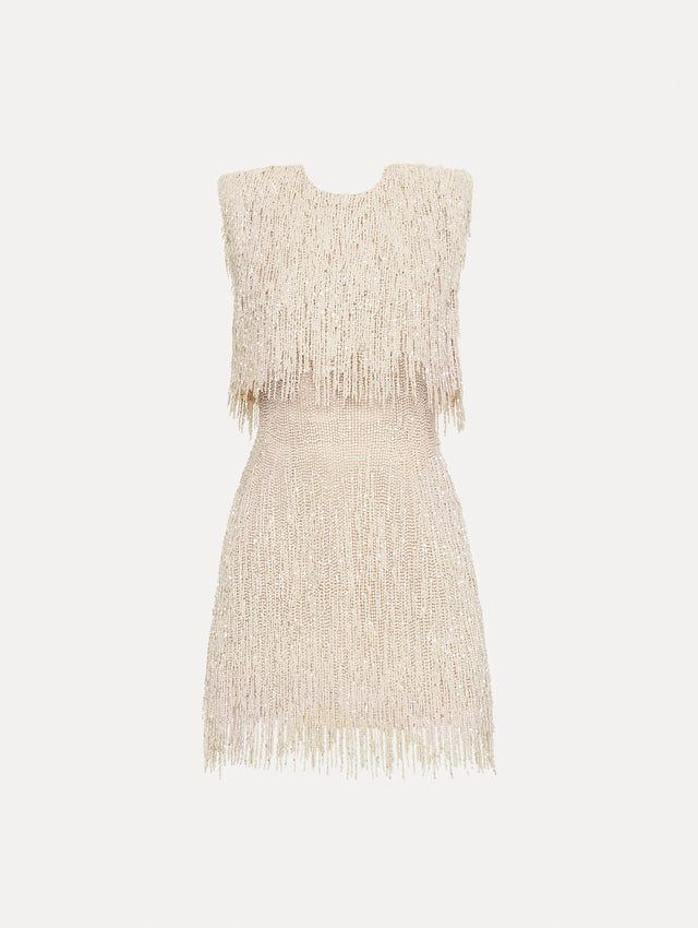 Ivory Pearl Fringe Cocktail Dress featuring a fitted silhouette with cascading beaded fringe embellishments. Front View.