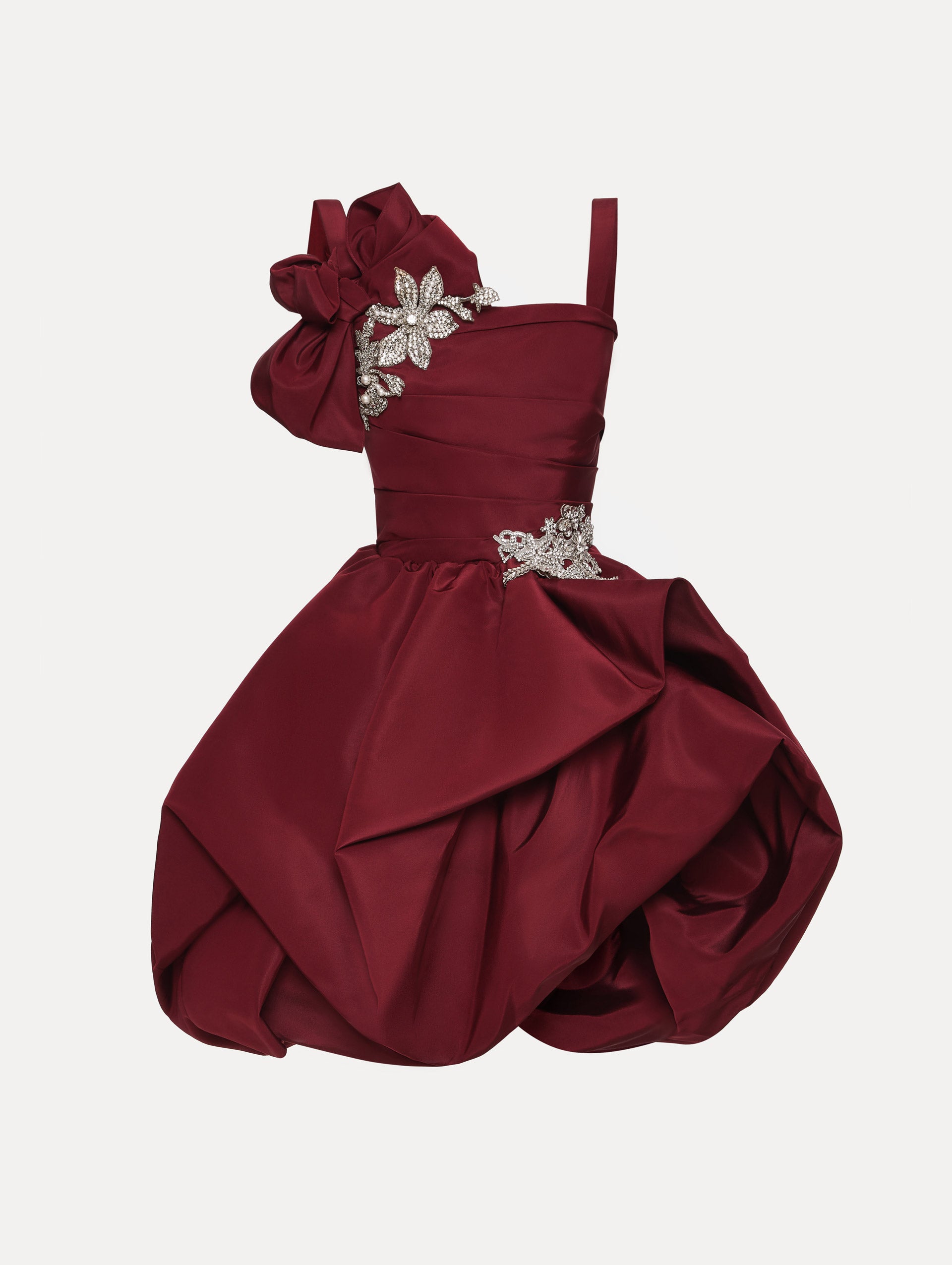 Maroon Brooch Embroidered Cocktail Sleeveless Dress with draped balloon skirt and crystal embroidery on hip and shoulder.