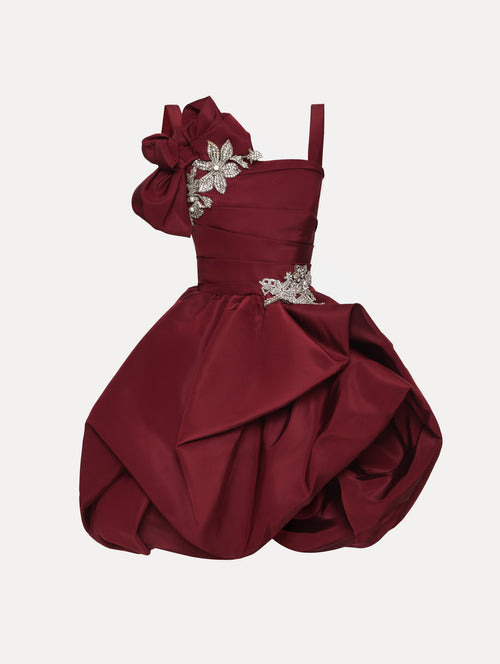 Maroon Brooch Embroidered Cocktail Sleeveless Dress with draped balloon skirt and crystal embroidery on hip and shoulder.