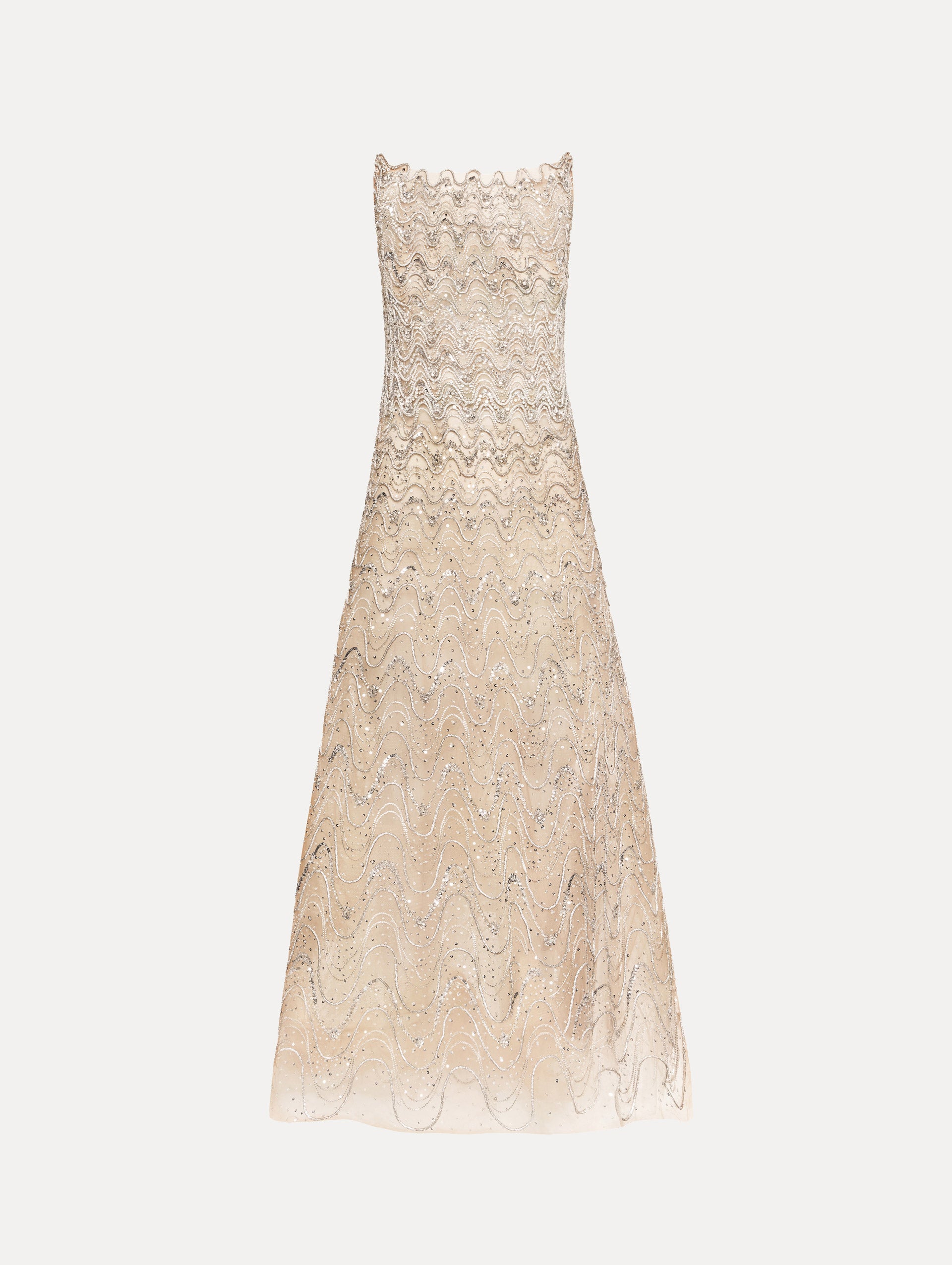 Beige Crystal Wave Embroidered Dress with strapless wave neckline and sheer metallic finish.
