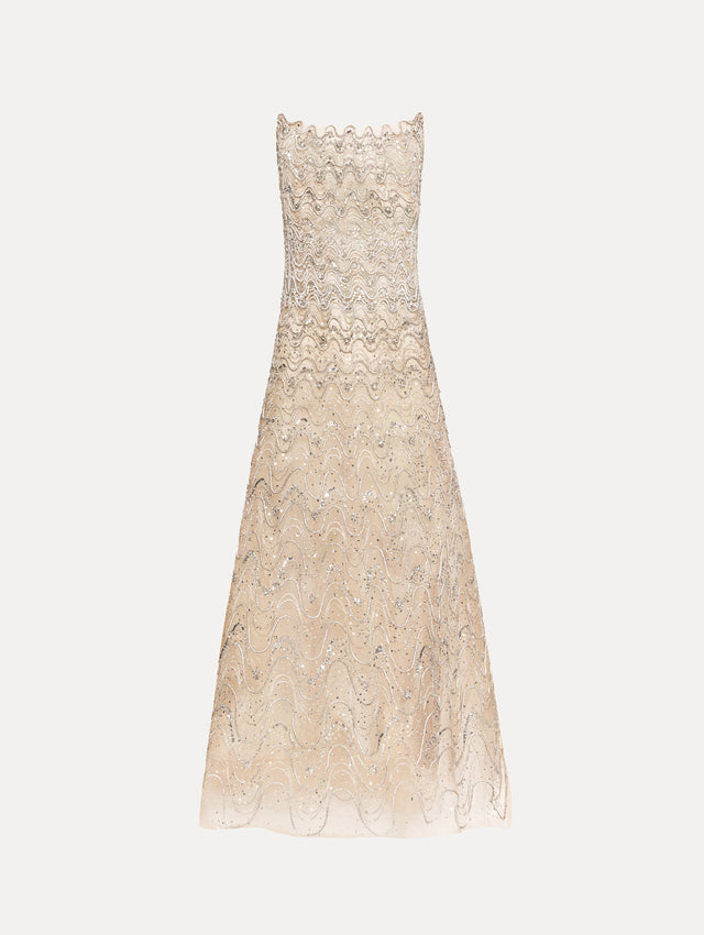 Beige Crystal Wave Embroidered Dress with strapless wave neckline and sheer metallic finish.