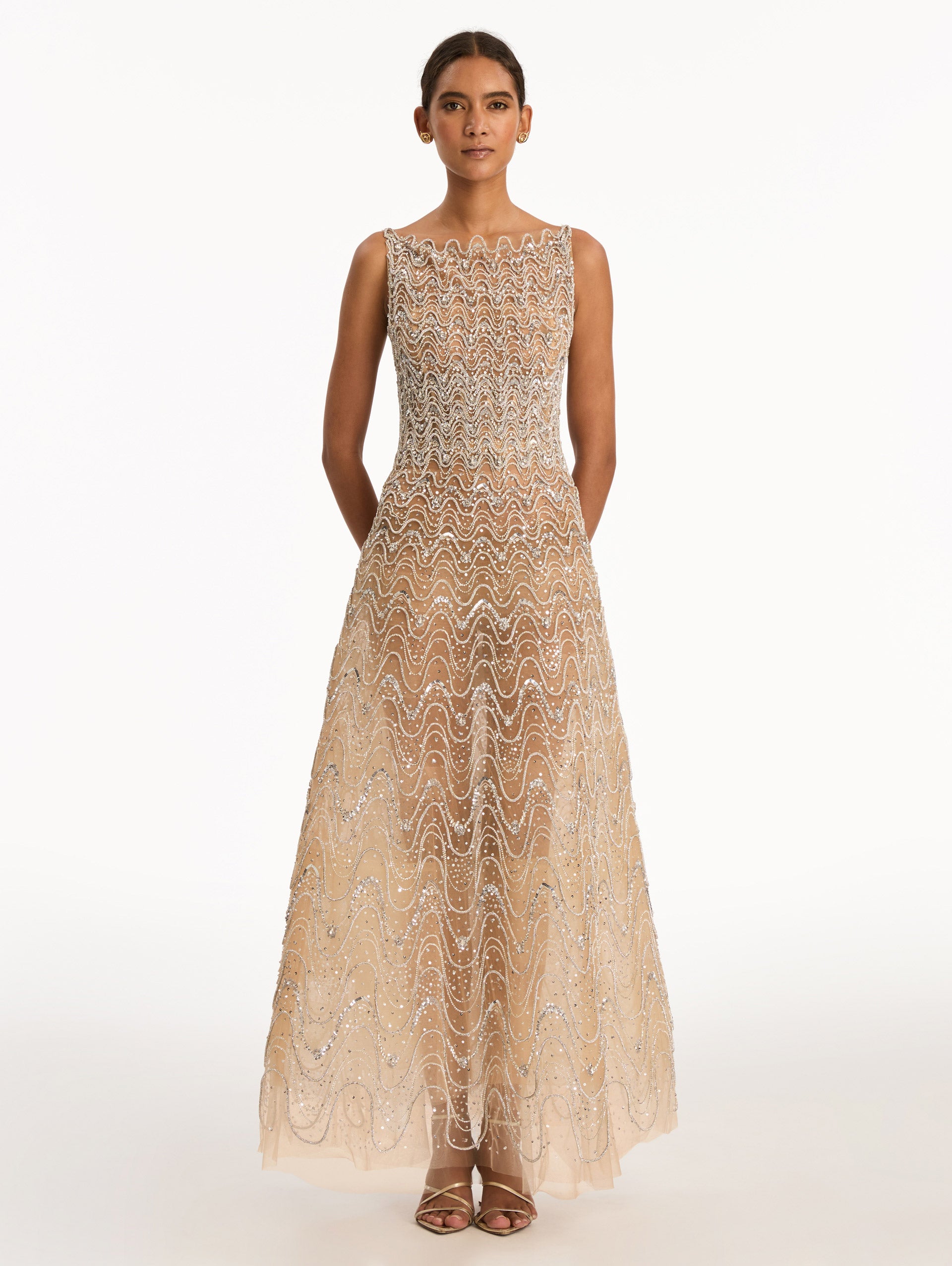 Oscar de La Renta Crystal Wave Embroidered Cocktail Dress - Silver Oscar de La Renta Crystal Wave Embroidered Cocktail Dress - Silver