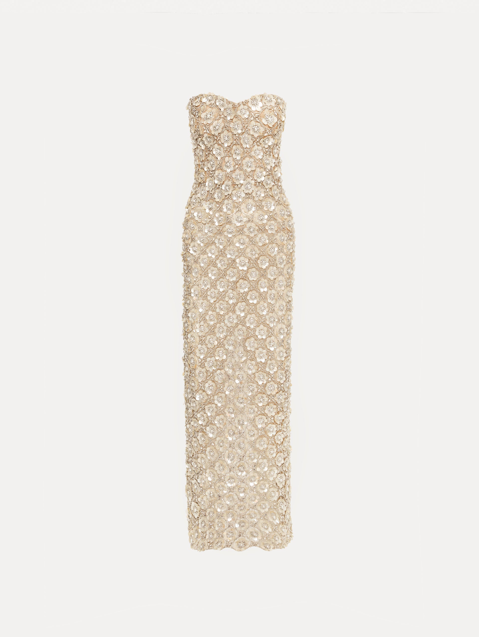 Ivory and Gold Mother of Pearl Embroidered Column Gown with allover crystal embellishments.