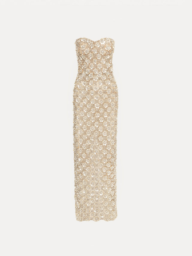 Ivory and Gold Mother of Pearl Embroidered Column Gown with allover crystal embellishments.