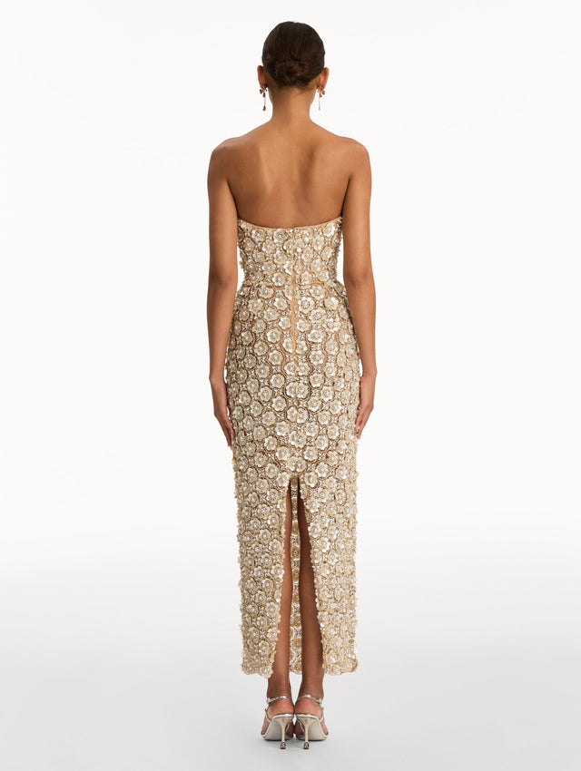 Ivory and Gold Mother of Pearl Embroidered Column Gown with allover crystal embellishments. Back View.