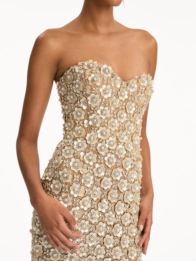 Ivory and Gold Mother of Pearl Embroidered Column Gown with allover crystal embellishments. Zoom View.